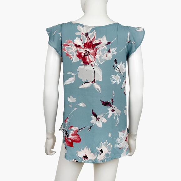 NWT LOFT Floral Short Ruffle Sleeve Blouse Top (Grayish-Blue | Size S) - Picture 4 of 8